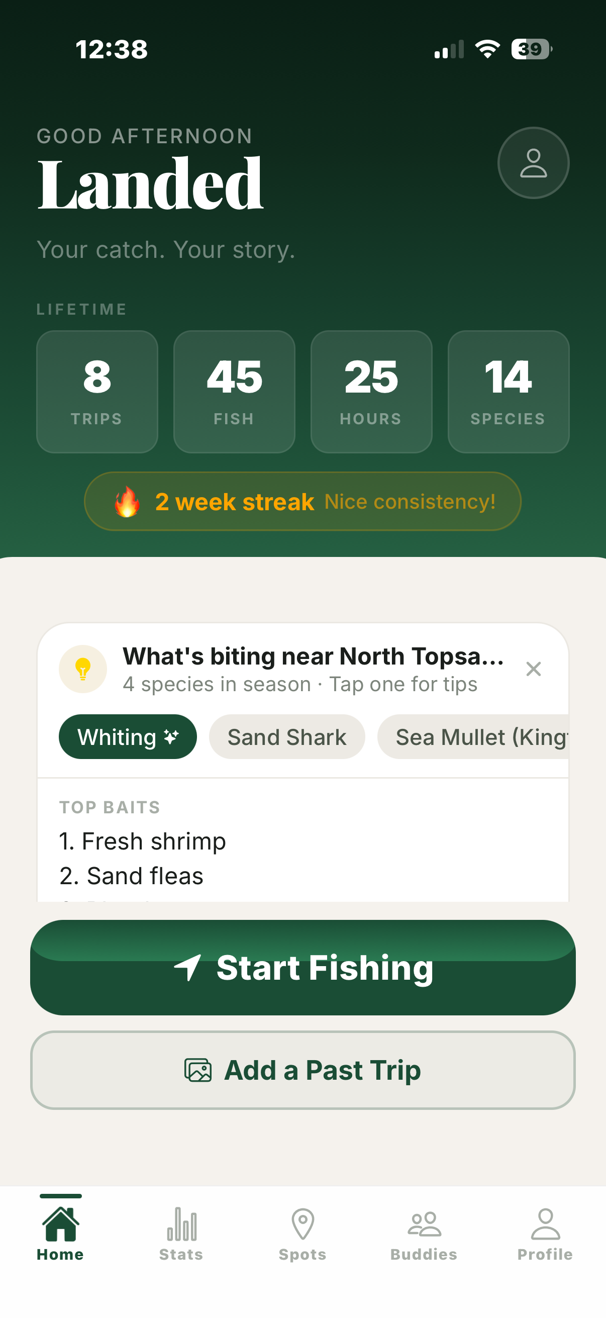 Landed home screen showing recent trips and lifetime stats
