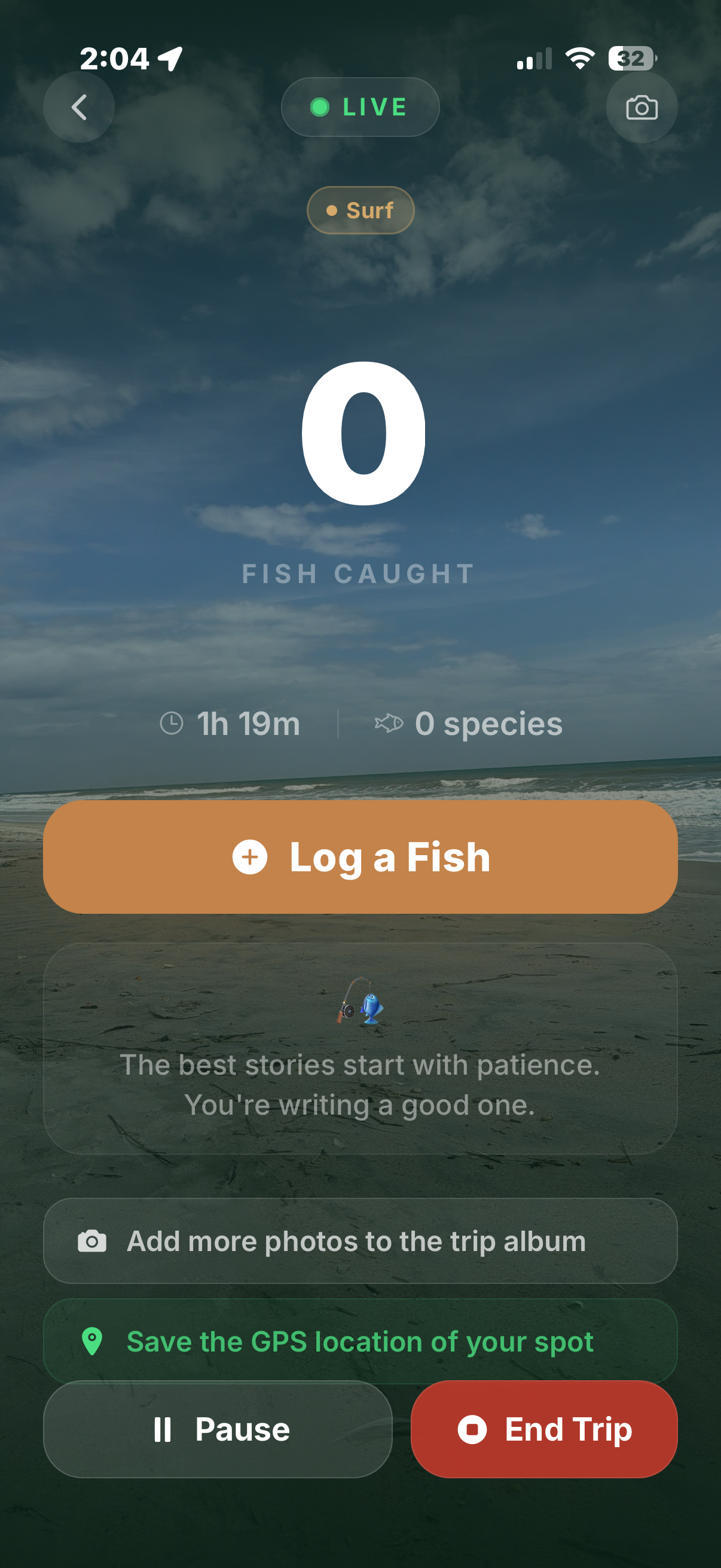 Live fishing trip tracking with GPS and timer