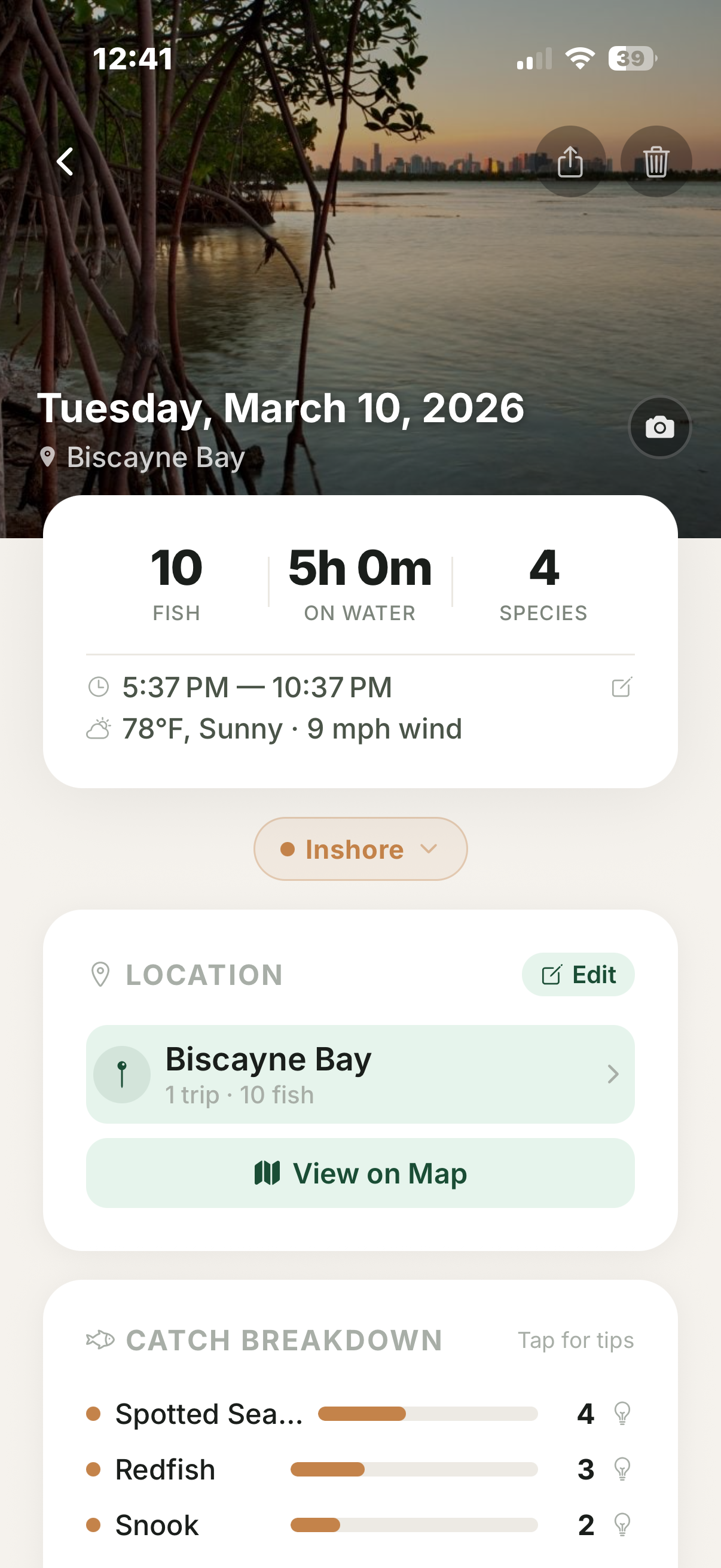 Trip details showing catches, weather, and location